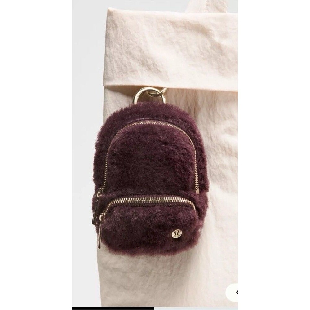 Lululemon Faux Fur Mini Backpack Keychain Charm Plum Purple Gold Hardware